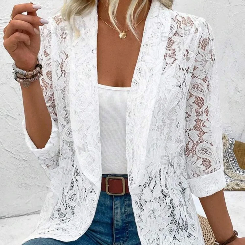 New white lace 3/4 length sleeve cardigan